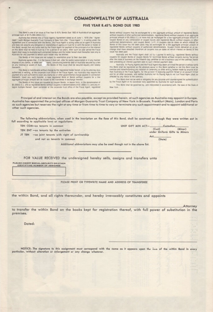 1978 10,000 Dollar Unissued Commonwealth Treasury Bond