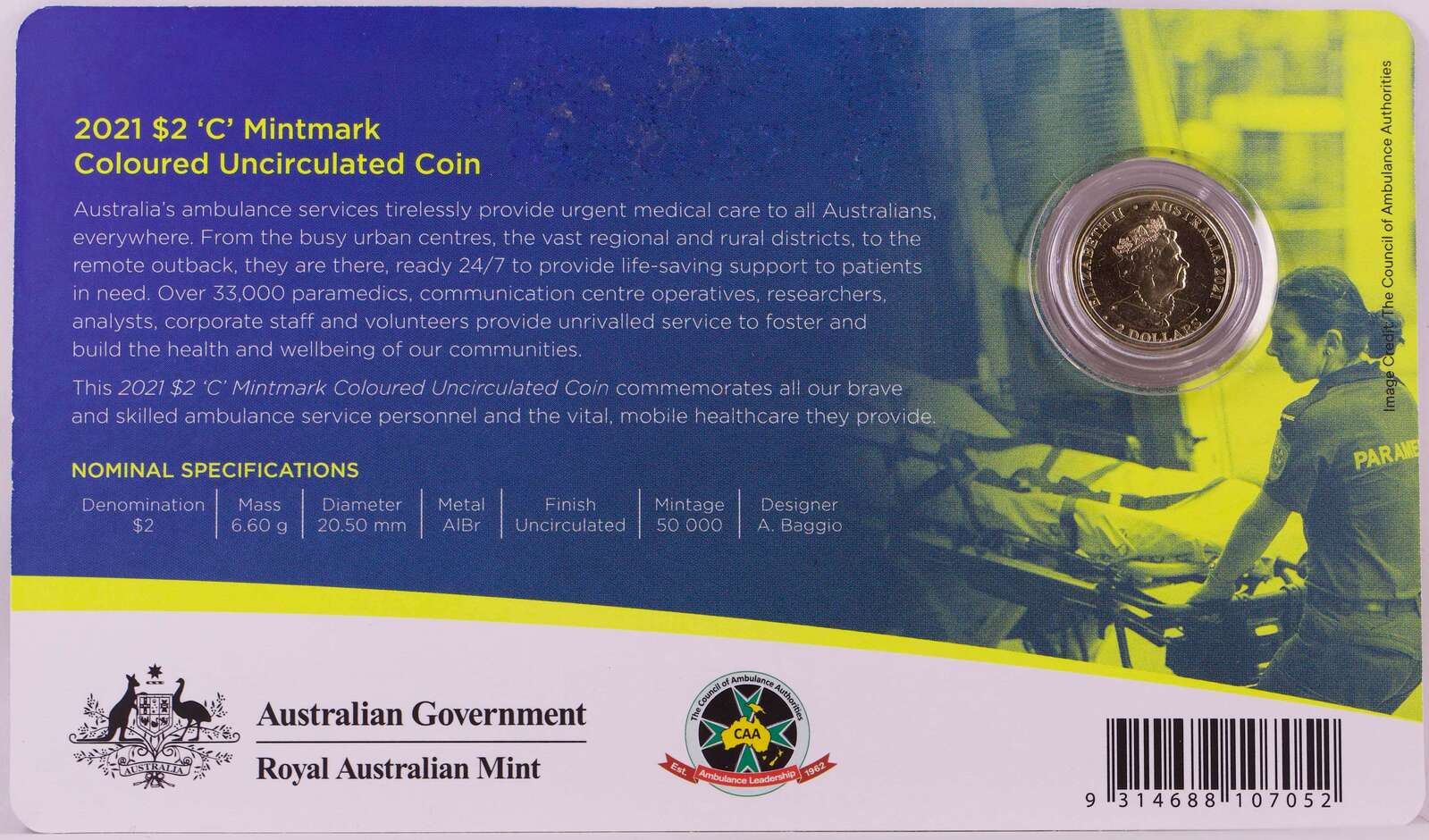 2021 Coloured 2 Dollar Uncirculated Coin Ambulance Services C Mintmark