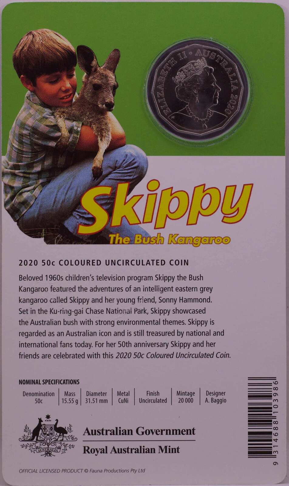 2020 Coloured 50 Cent Uncirculated Coin Skippy the Bush Kangaroo