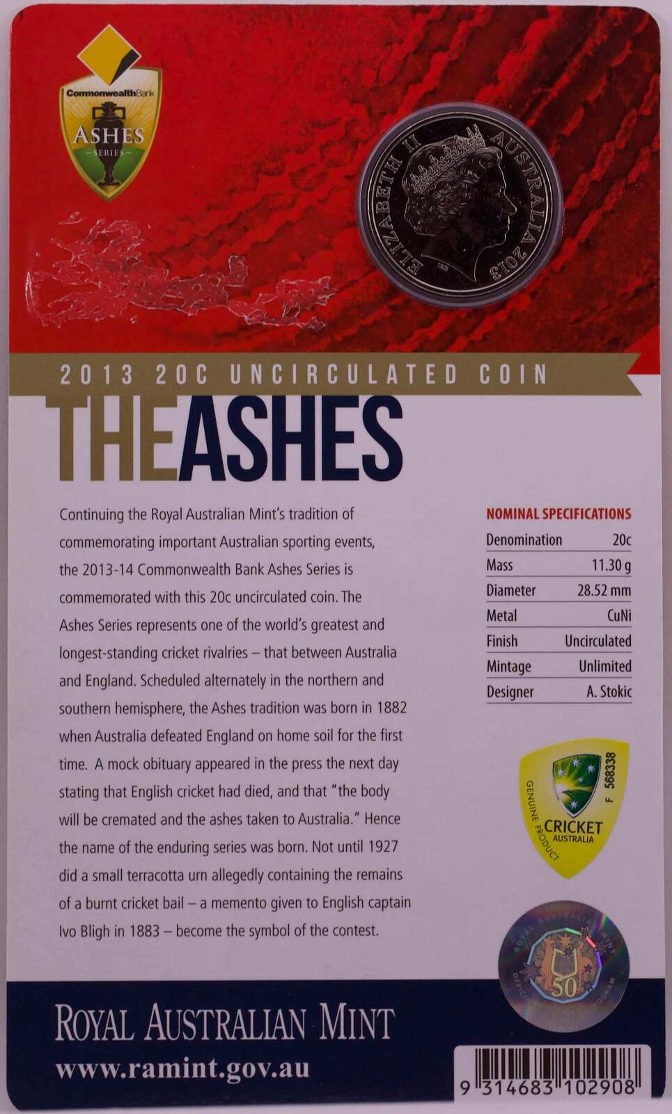 2013 20 Cent Uncirculated Coin The Ashes