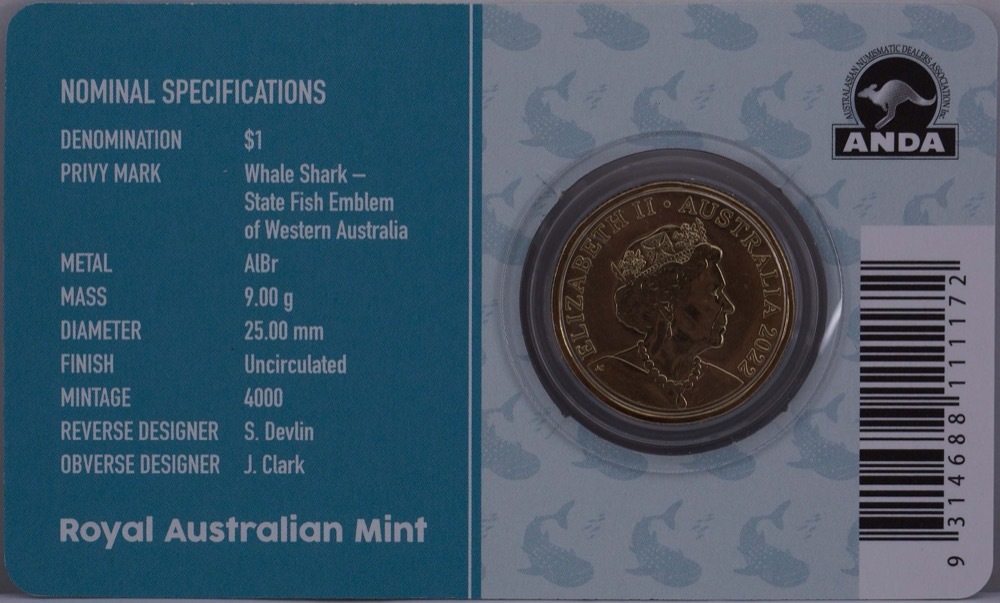2022 1 Dollar Uncirculated Coin Perth ANDA Money Expo Whale Shark Privy Mark product image