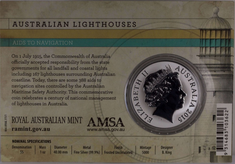 2015 Silver 5 Dollar Frosted Unc Australian Lighthouses - Ainds to Navigation