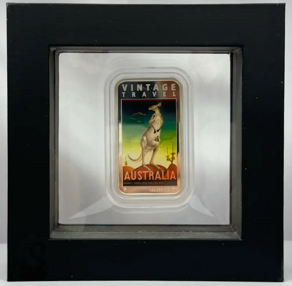 2014 Silver Rectangular 1oz Proof Coin Vintage Travel - Kangaroo