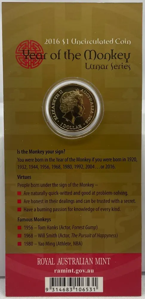 2016 1 Dollar Uncirculated Coin Lunar Year of the Monkey product image