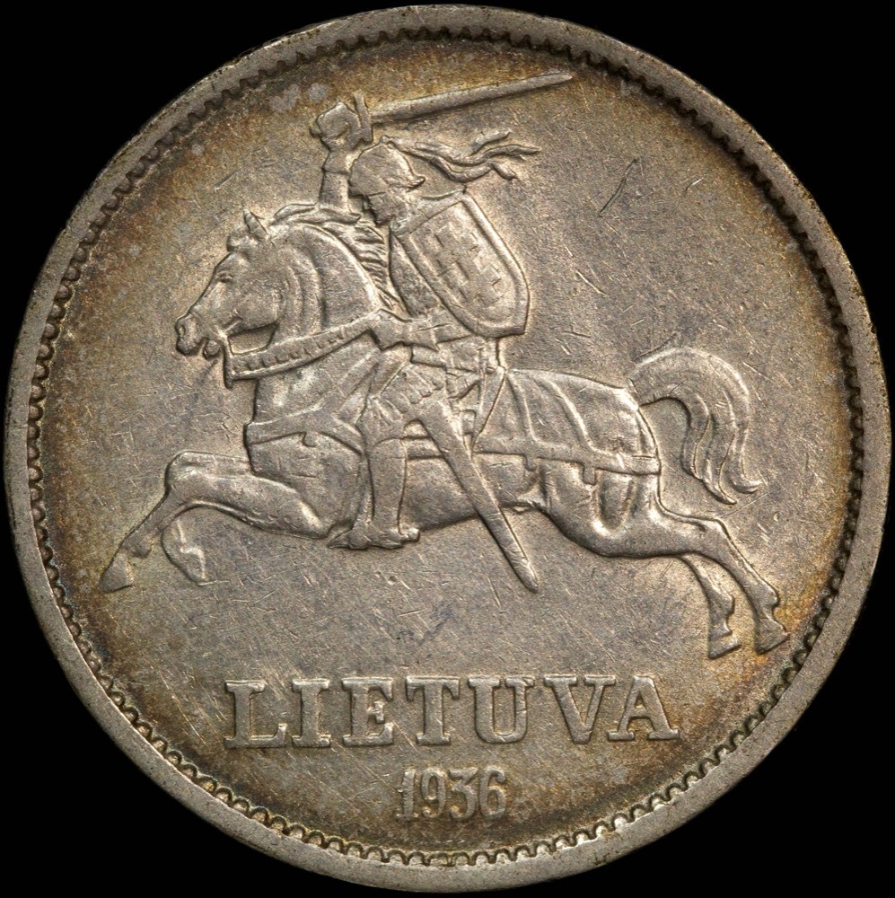 Lithuania 1936 Silver 10 Litu KM# 83 good EF product image
