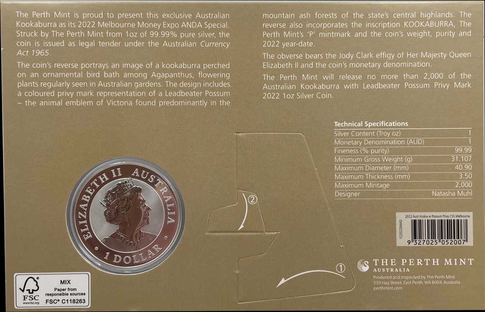 2022 Silver 1oz Kookaburra Coloured Possum Privy Mark - Melbourne Money Expo product image