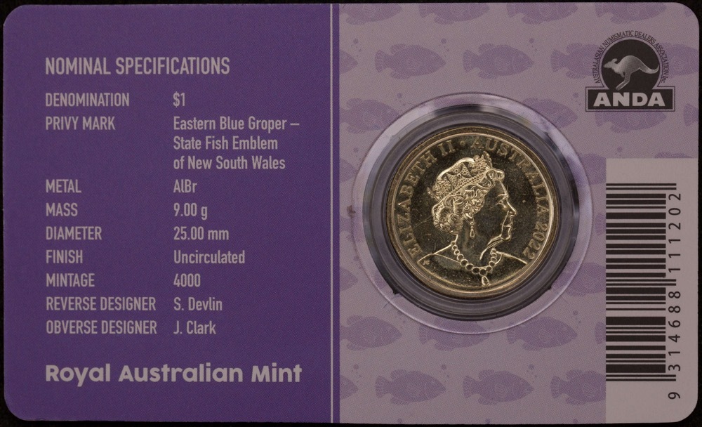 2022 1 Dollar Uncirculated Coin Sydney ANDA Money Expo Groper Privy Mark product image