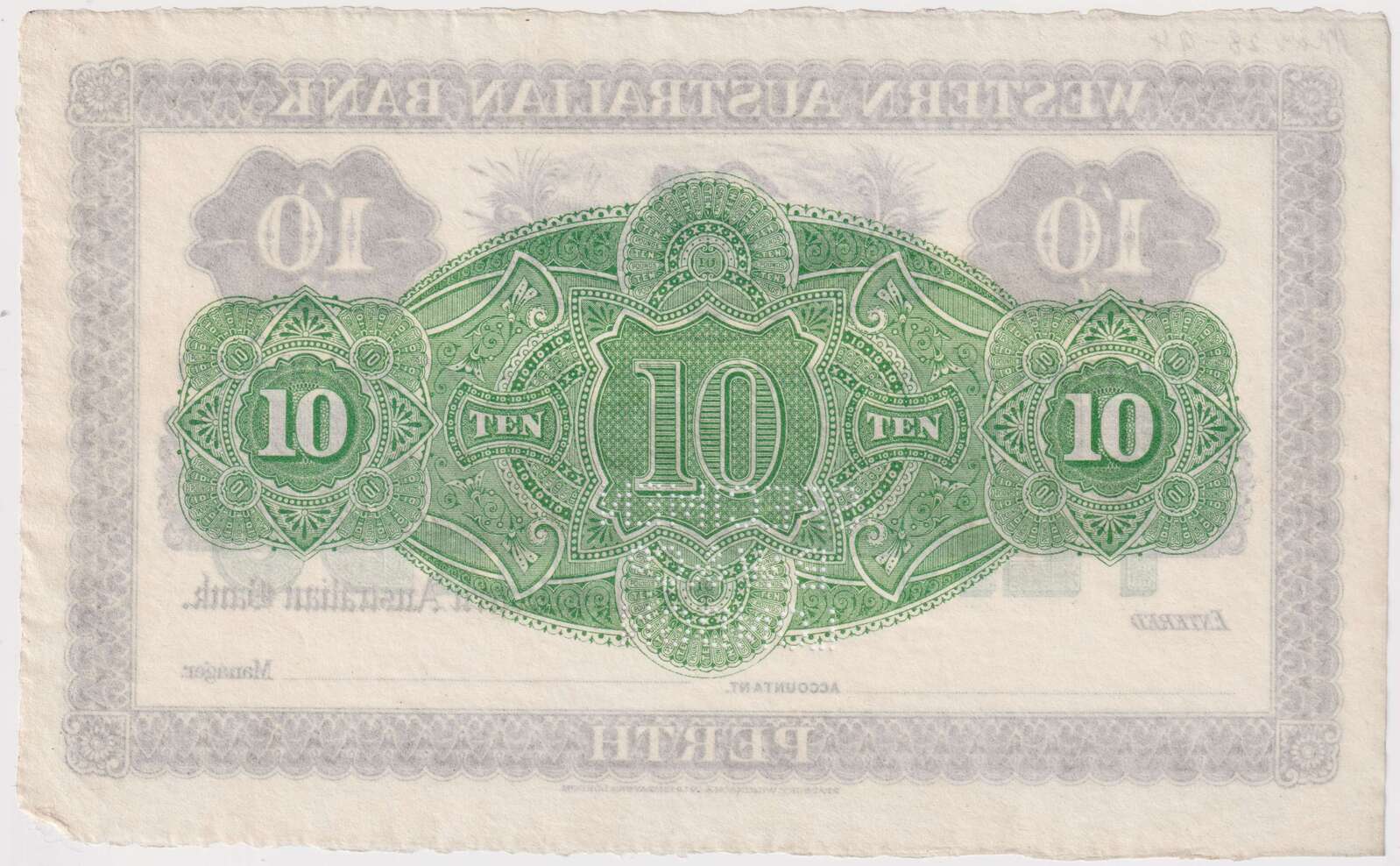 Western Australian Bank (Perth) 1894 10 Pounds Unissued Specimen Note MVR# 3c Uncirculated