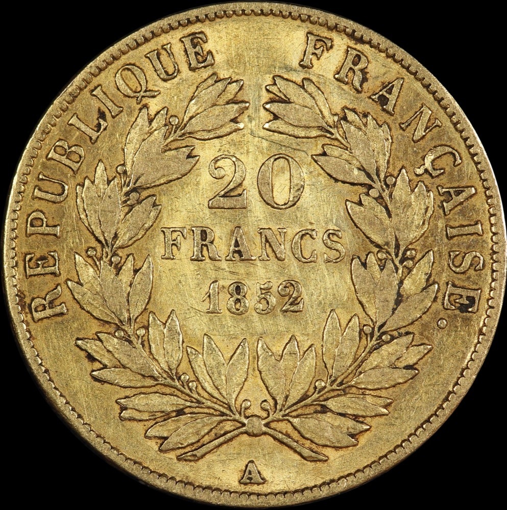 France 1852-A Gold 20 Franc KM#774 Very Fine product image