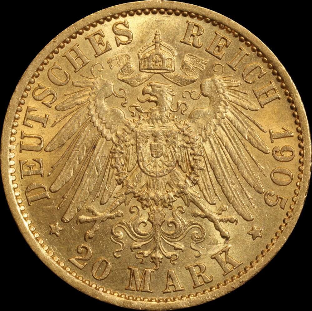 German States (Prussia) 1905-A Gold 20 Marks P# 521 good EF