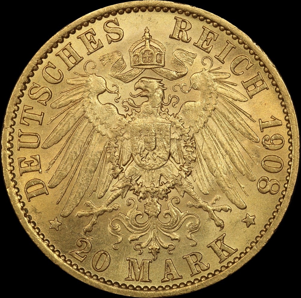 German States (Prussia) 1908-A Gold 20 Marks P# 521 good EF