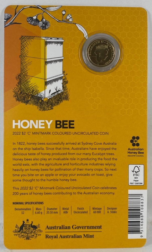 2022 Coloured 2 Dollar Uncirculated Coin C Mintmark Honey Bee