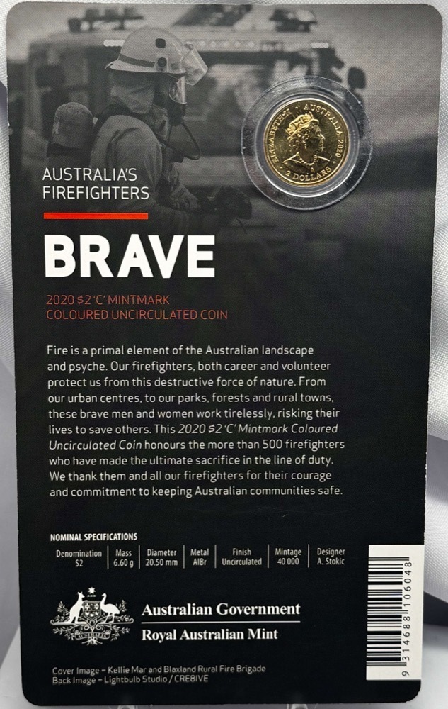 2020 Coloured $2 Coin Mintmark Firefighters - Brave