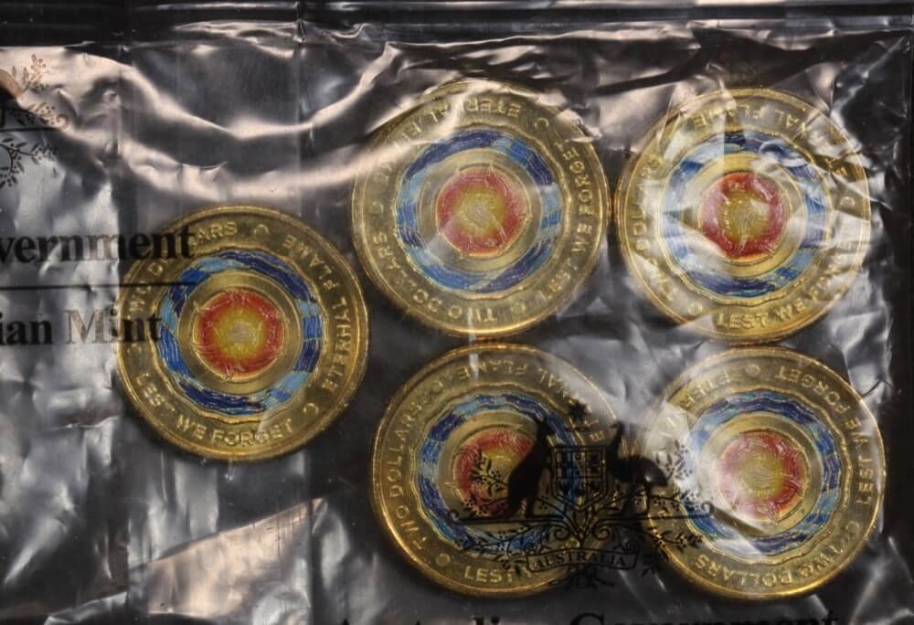 2018 Coloured 2 Dollar Mint Bag of 5 Coins Eternal Flame 
