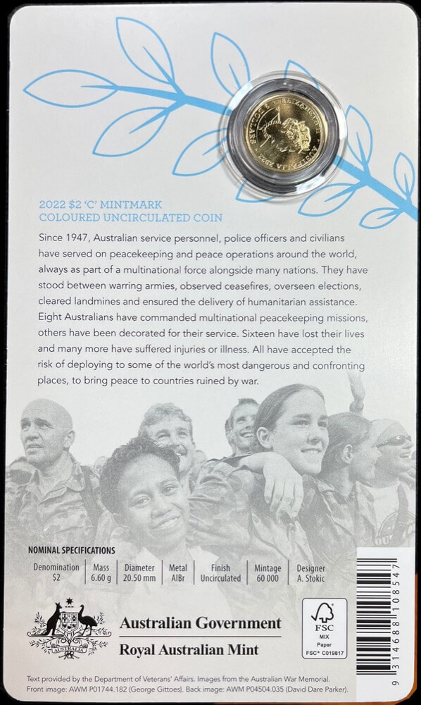 2022 Coloured 2 Dollar Coin C Mintmark Peacekeeping 75th Anniversary