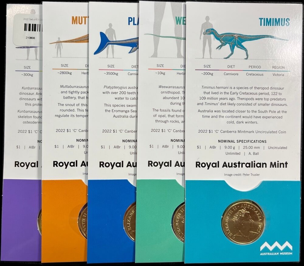 2022 Set of 5 1 Dollar Coins Dinosaurs Down Under product image