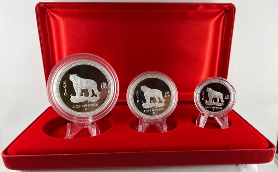 2010 Silver Lunar 3 Coin Proof Set Tiger Series I product image