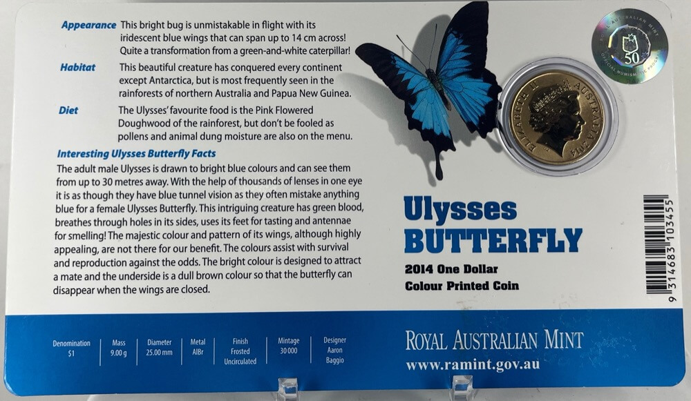 2014 1 Dollar Coloured Uncirculated Coin Bright Bugs Ulysses Butterfly product image