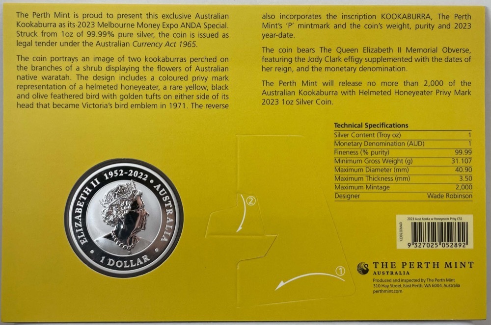 2023 Silver 1oz Kookaburra Coloured Honeyeater Privy Mark - Melbourne Money Expo product image