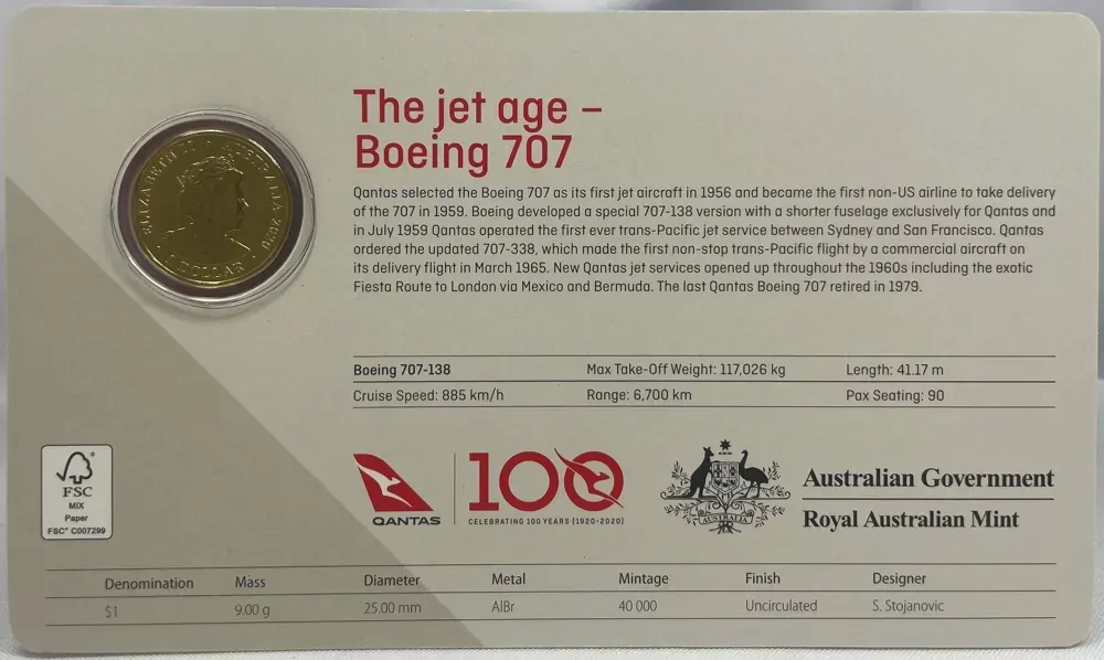 2020 1 Dollar Uncirculated Coin Qantas The Jet Age Boeing 707 Ex Set product image