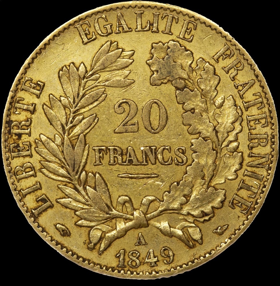 France 1849-A Gold 20 Franc Ceres KM#762 good EF product image