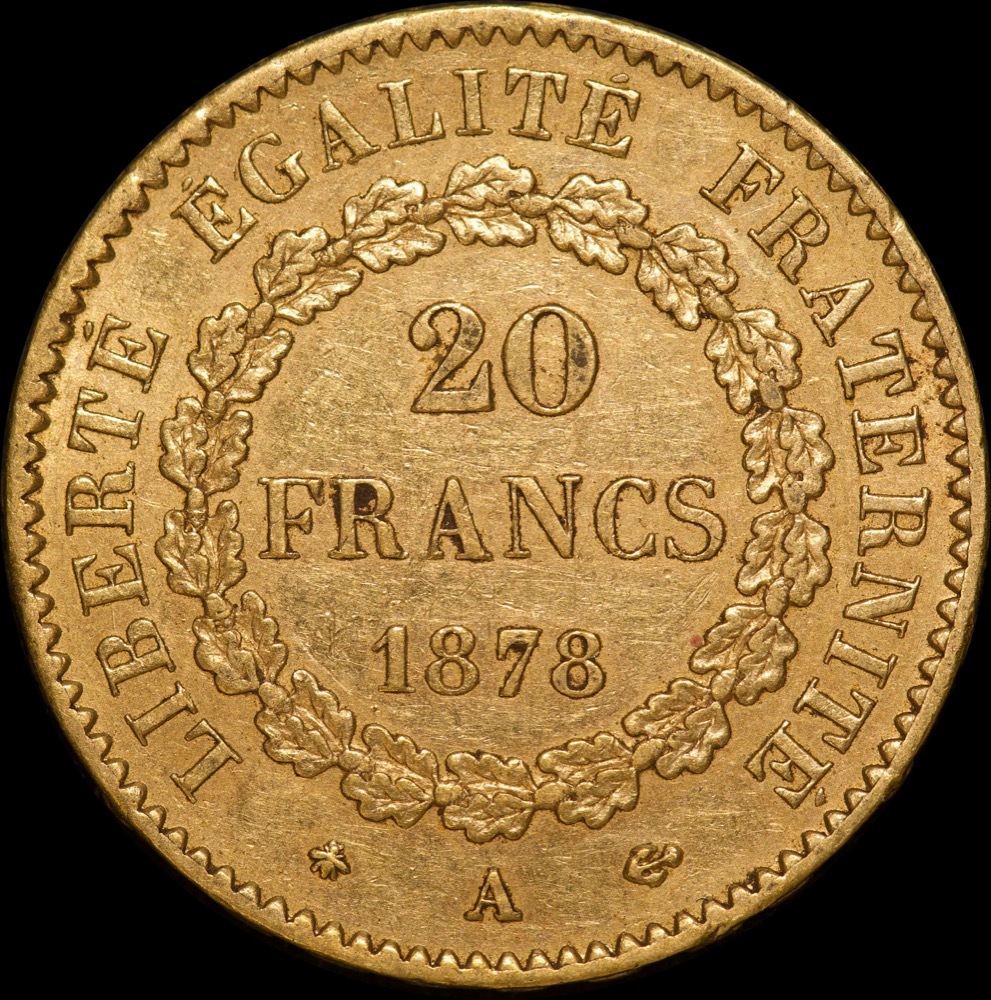 France 1876-A Gold 20 Francs Angel KM#825 good VF product image