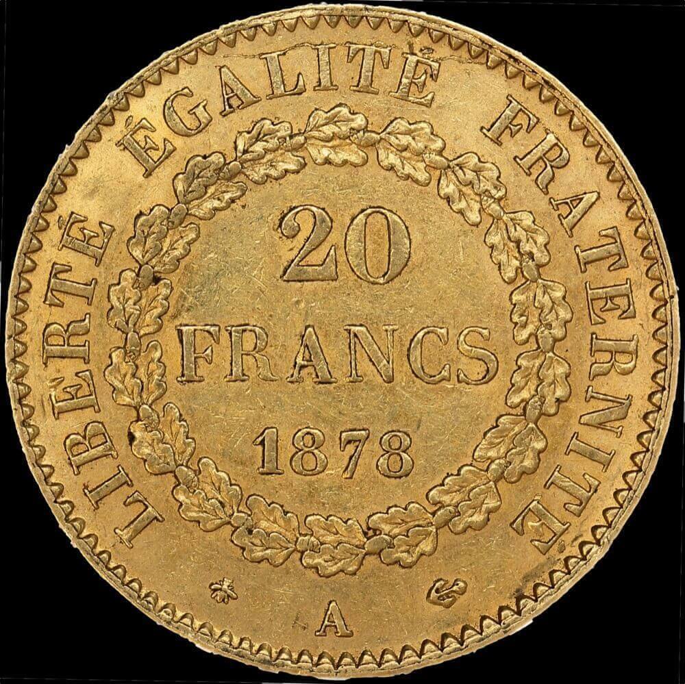 France 1878-A Gold 20 Francs Angel KM#825 Good EF product image
