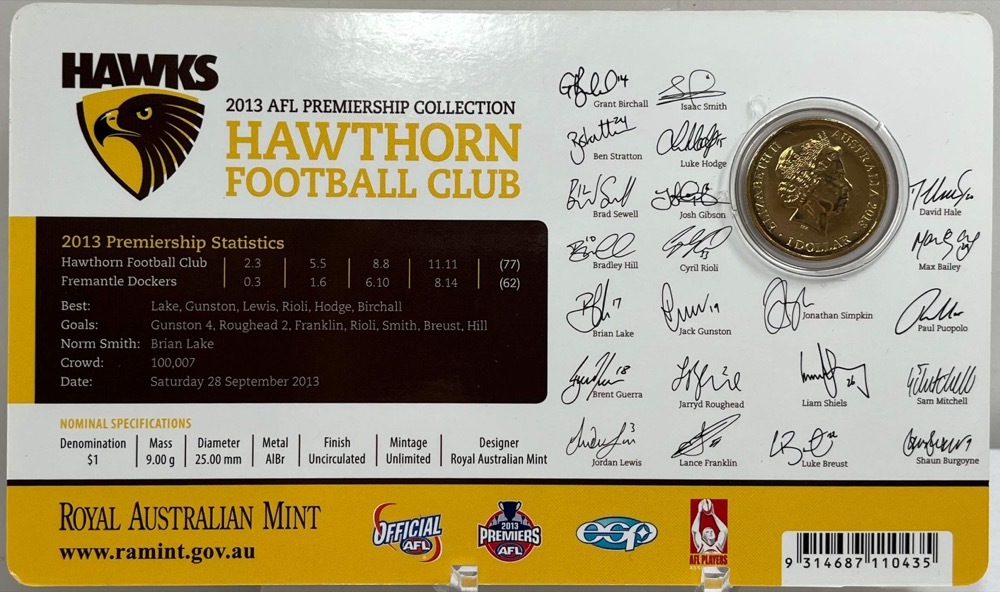 2013 One Dollar Coin Uncirculated Hawthorn AFL Premiership