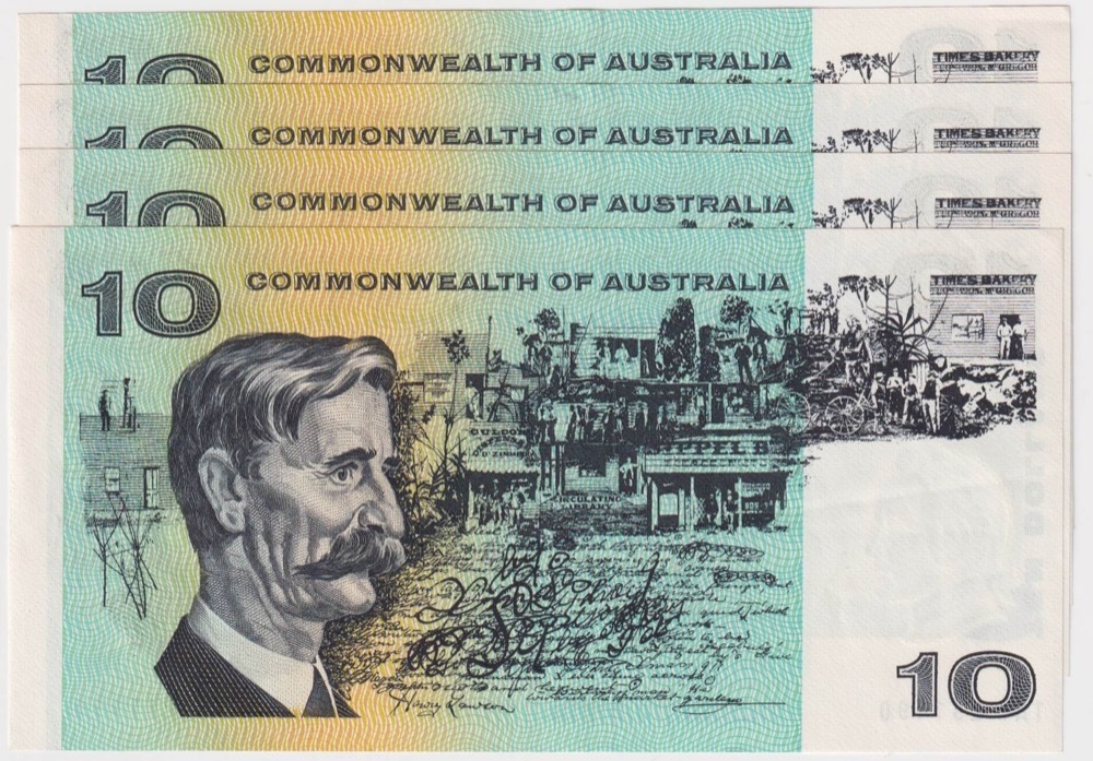 1974 $10 Note Consecutive Run of 4 Australia Phillips/Wheeler R305 good EF