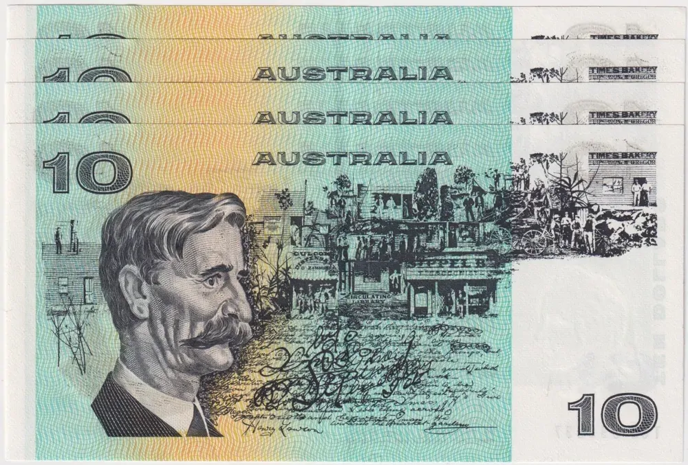 1974 $10 Note Consecutive Run of 4 Australia Phillips/Wheeler R305 good EF