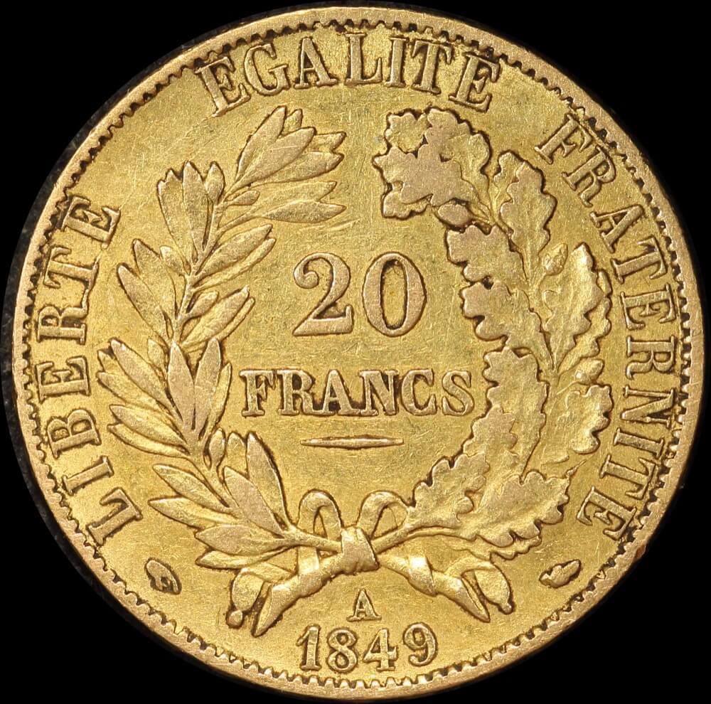 France 1849-A Gold 20 Franc KM# 762 good VF product image