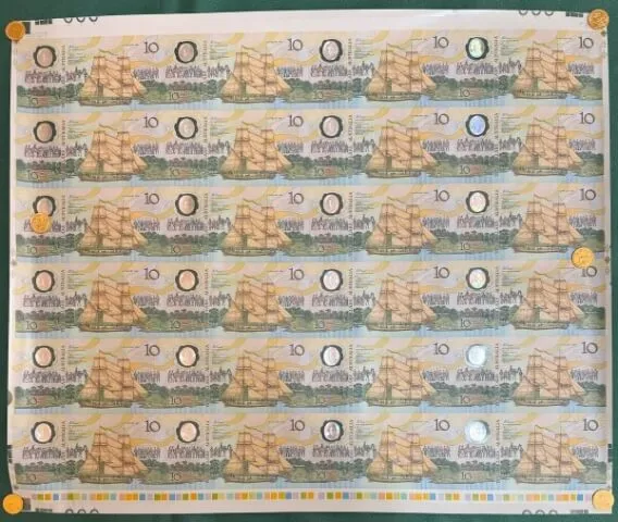 1988 10 Dollar Uncut Sheet of 24 Notes Bicentennial