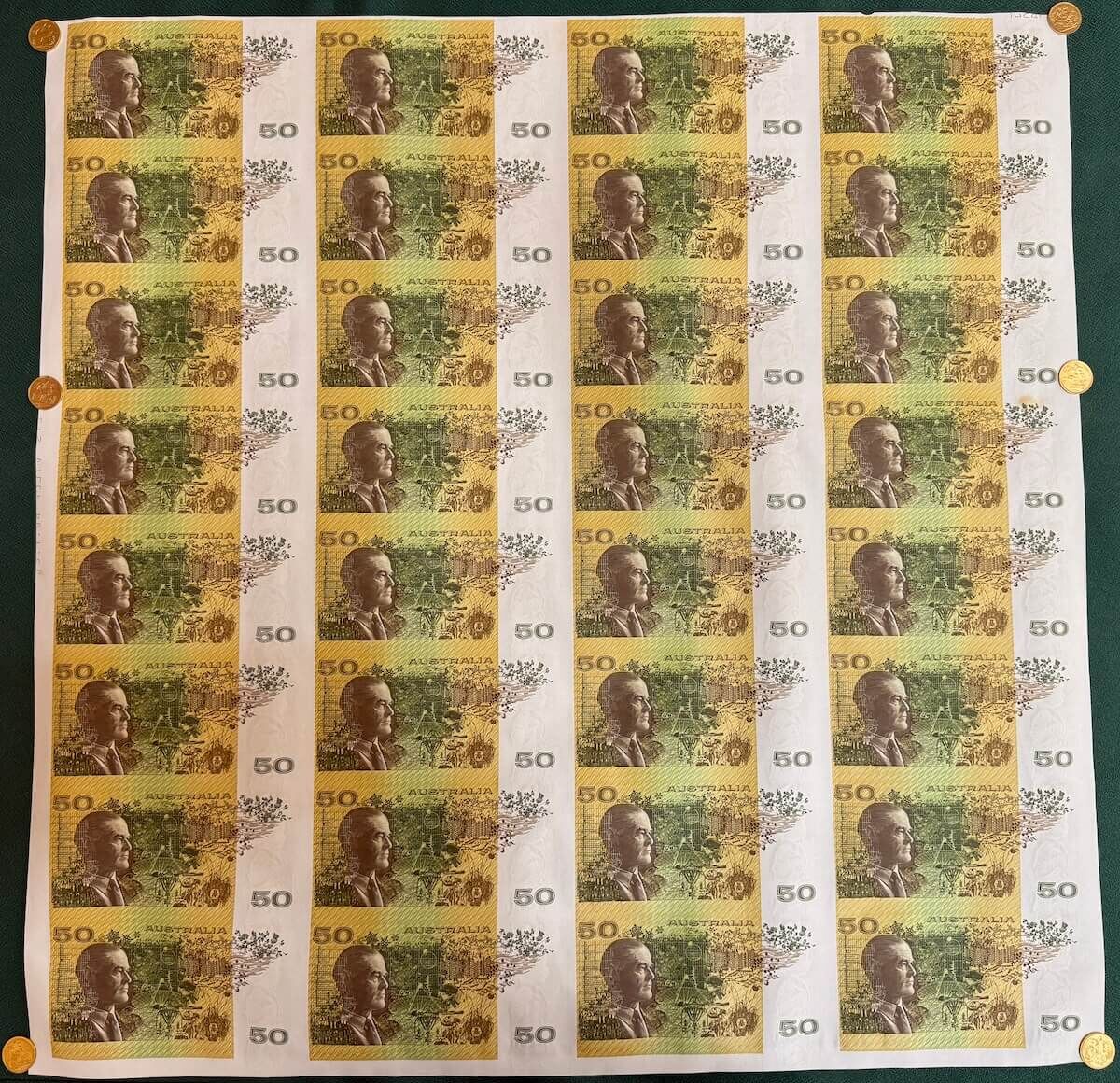 1996 50 Dollar Uncut Sheet of 32 Paper Notes