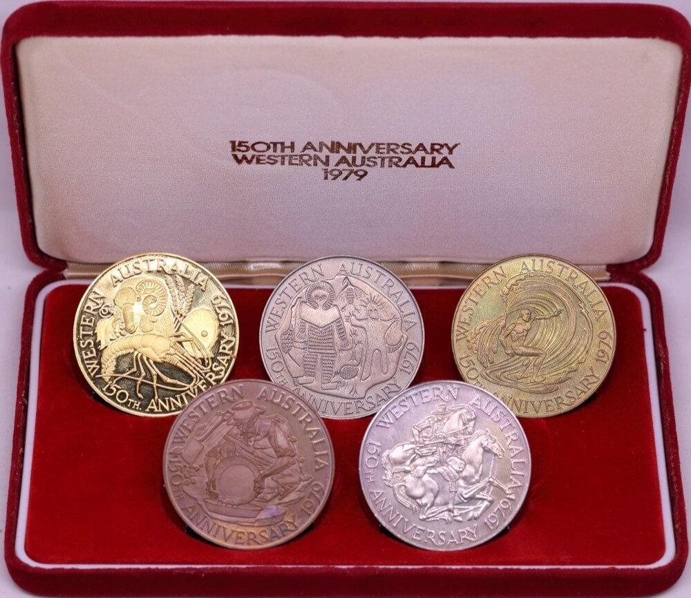 WA Sesquicentennial Set of 5 Medallions 1979 Includes Gold 2 ozt AGW