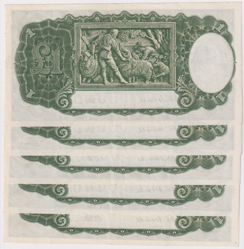 1949 One Pound Consecutive Run of 5 Notes Coombs/Watt R31 EF