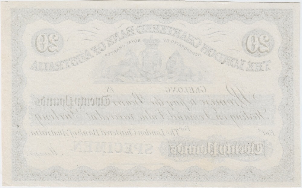London Chrtered Bank of Australia (Geelong) 20 Pounds Unissued Printer's Proof MVR# 1a GEF