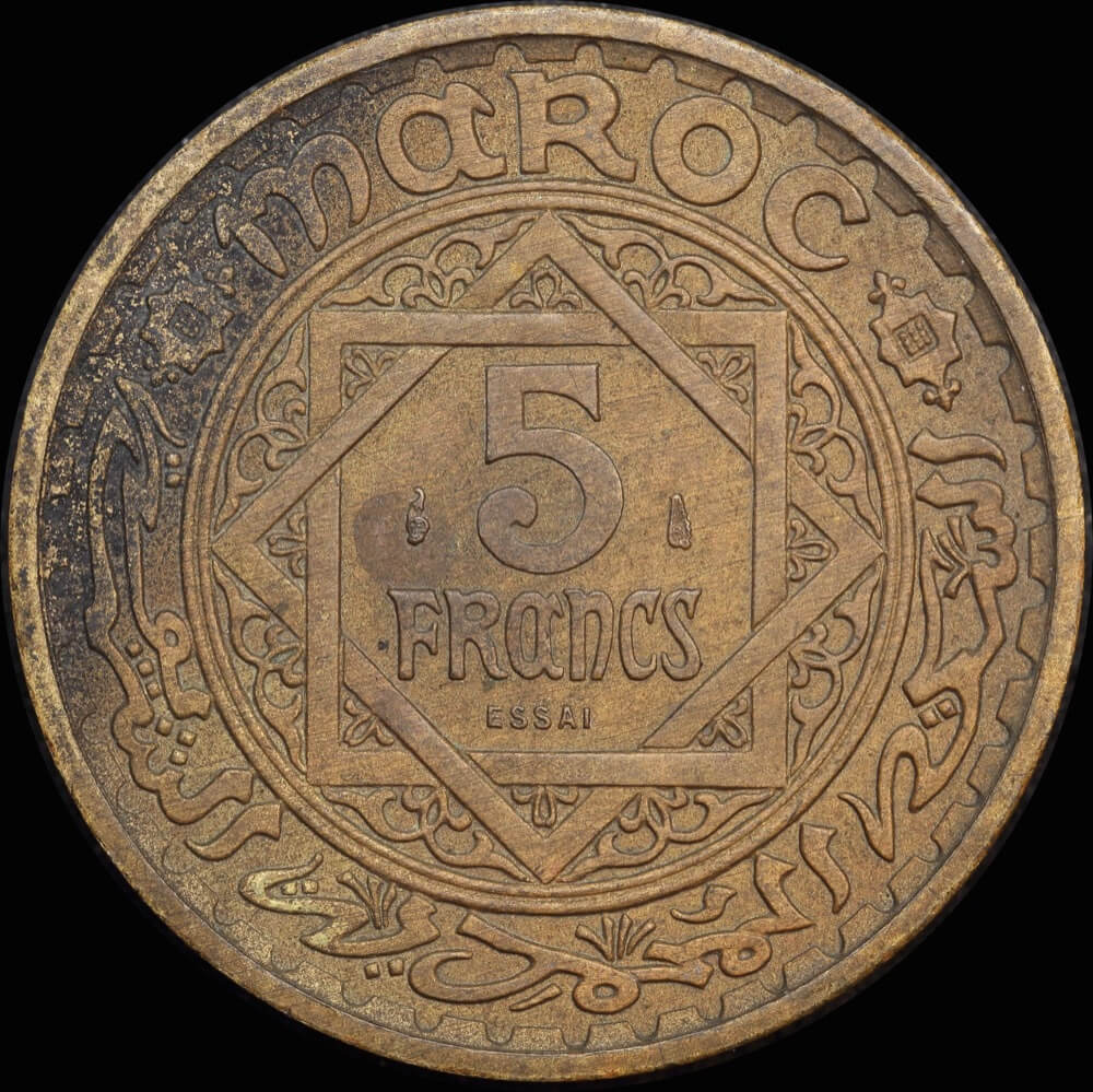 Morocco AH1365 (1946) Copper 5 Francs Piedfort Essais KM-PE6 (Lecompte 240) FDC product image