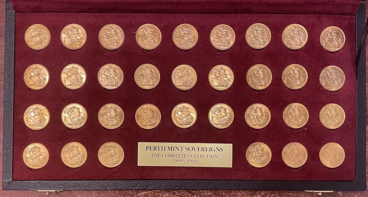 Complete Date Set of 33 Perth Mint Sovereigns in Custom Case product image