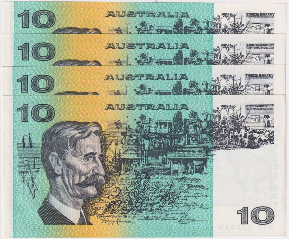1991 $10 Note Paper Fraser/Cole With PIL R313a Consecutive Run of 4 about Unc