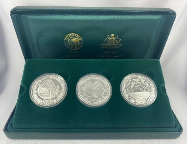 貨幣 THE SYDNEY 2000 OLYMPIC SILVER COIN Sydney Australia 2000 Olympic Proof 3-Coin Set Silver Gold