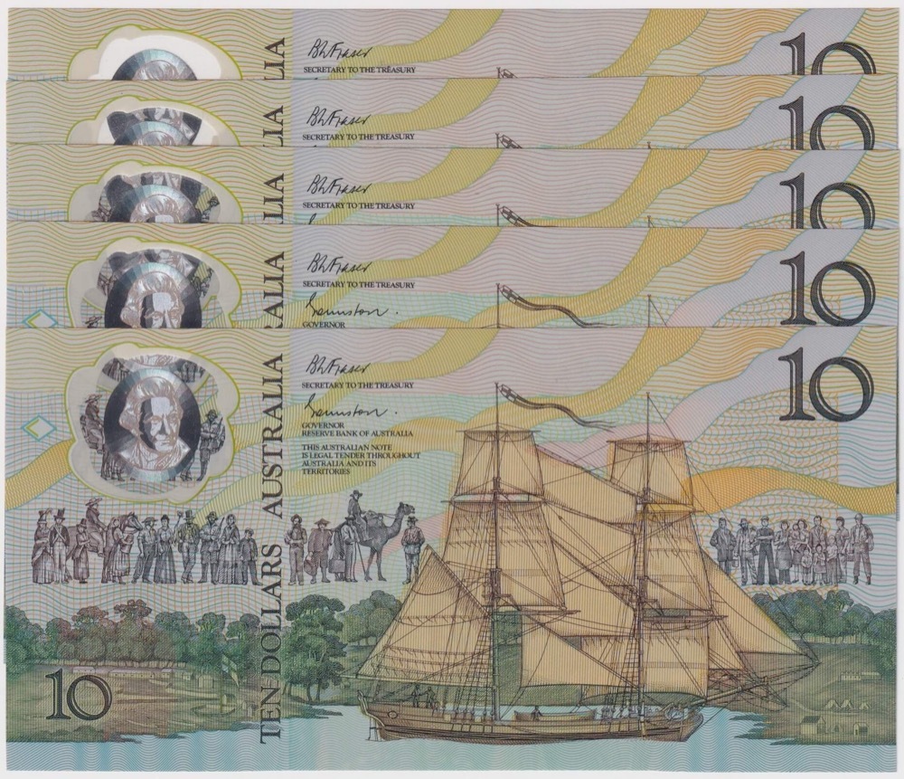 1988 $10 Note Bicentennial 2nd issue Johnston/Fraser R310B about Unc Run of 5