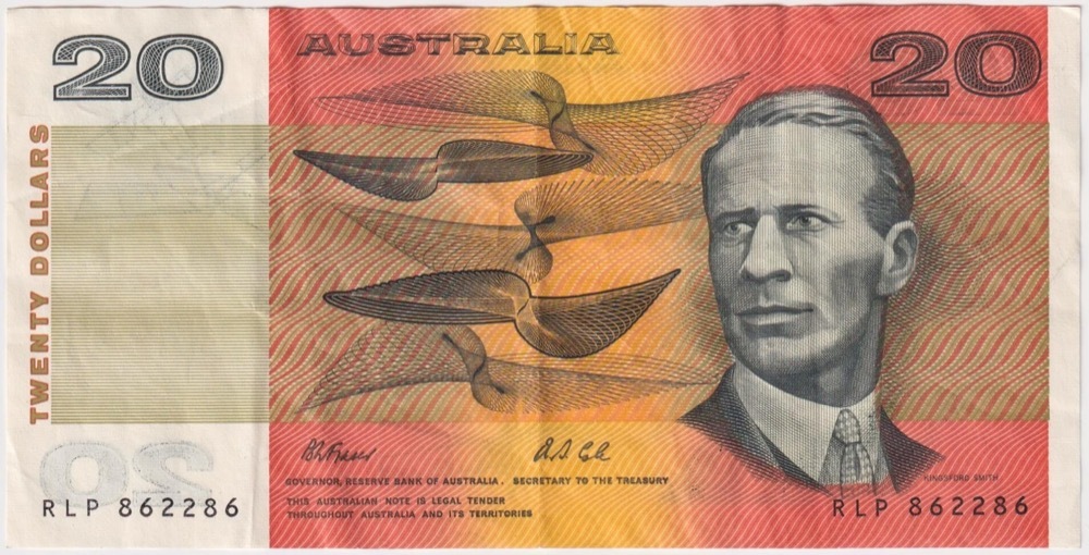 1991 $20 Note Fraser/Cole R413 Wet Ink Transfer Error about EF