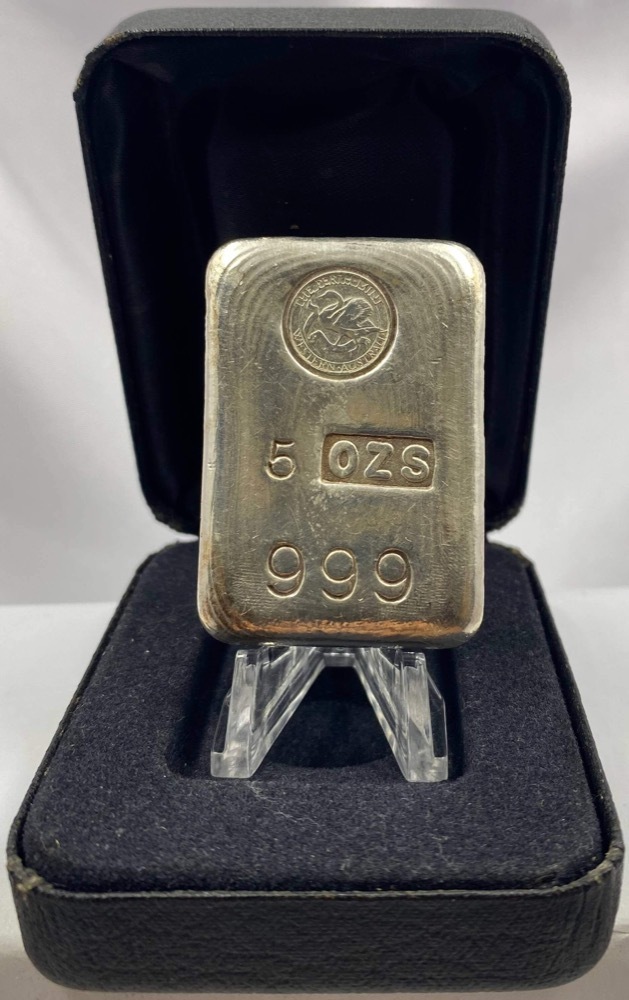 Perth Mint Silver 5 Ounce Cast Vintage Ingot In Case 99.99% Pure 5ozt