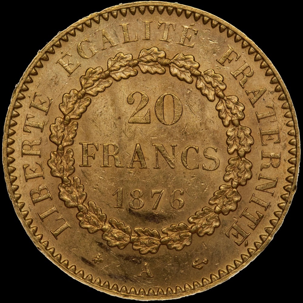 France 1876-A Gold 20 Francs Angel KM#825 about Unc product image