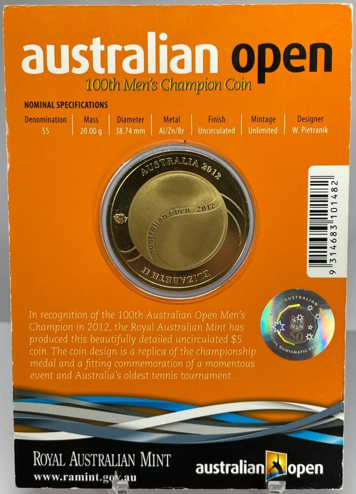 2012 5 Dollar Uncirculated Coin Tennis Australian Open 100th Men's Champion
