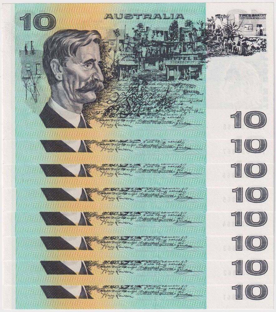 1974 $10 Note Consecutive Run of 8 Australia Phillips/Wheeler R305 about Unc
