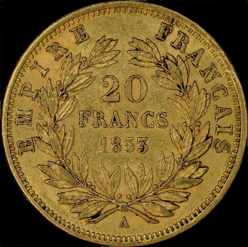 France 1853-A Gold 20 Francs Angel KM#781.1 EF product image