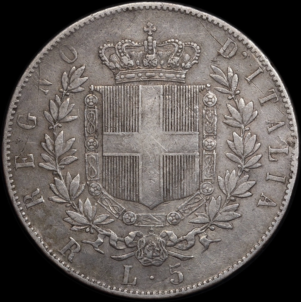 Italy 1876 Silver 5 Lire KM# 8.4 Good VF product image