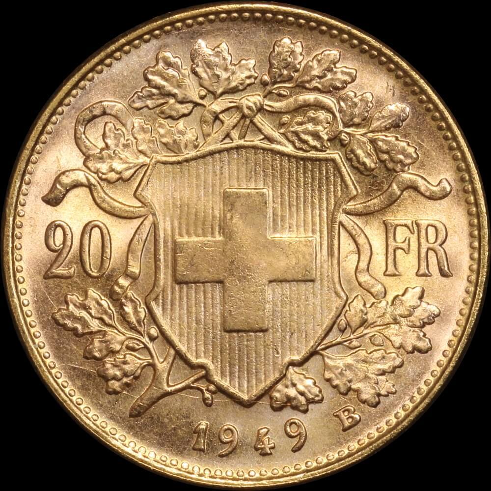 Switzerland 1949-B Gold 20 Francs KM#35.2 Uncirculated product image