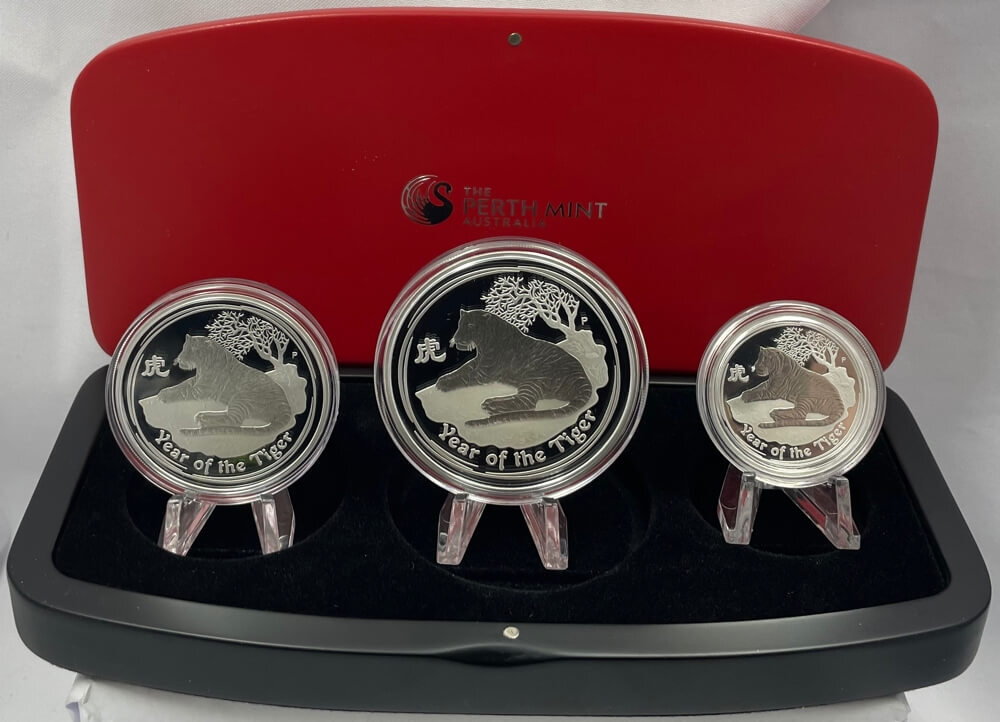 2010 Silver Lunar 3 Coin Proof Set Tiger Series II product image
